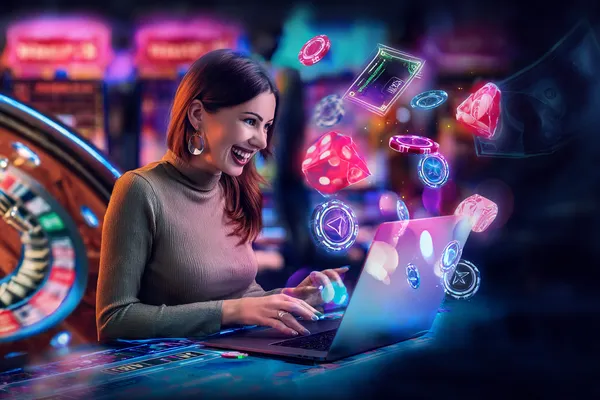 A woman smiling while playing online games on her laptop, surrounded by neon casino elements, showcasing A71’s diverse game collection.